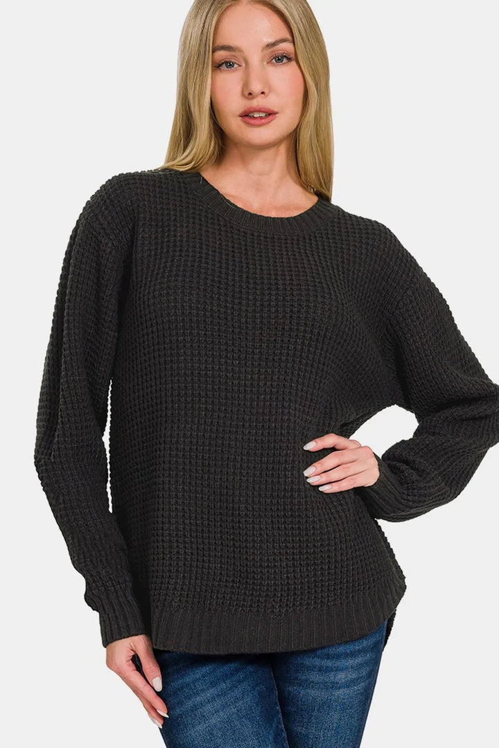 Zenana High Low Long Sleeve Waffle Sweater - Nikki &amp; Co. Boutique