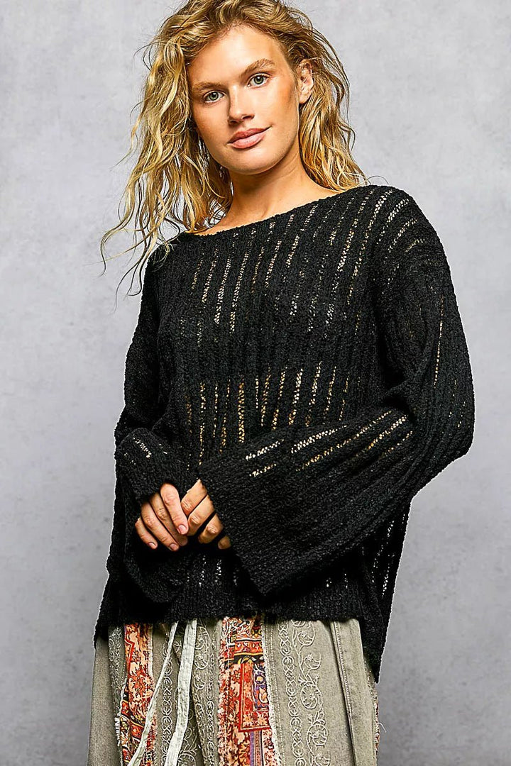 POL Round-Neck Long-Sleeve Open-Weave Sweater | Black - Nikki &amp; Co. Boutique