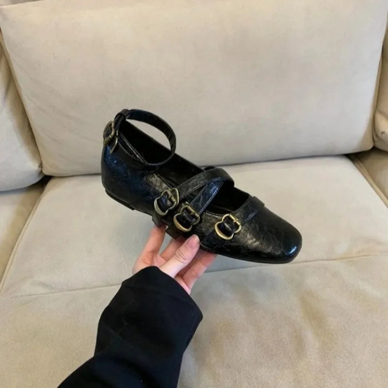 New Square Toe Heightened Inner Mary Jane Women's Shallow Mouth One Buckle Women's Shoes Versatile Flat Single Shoes