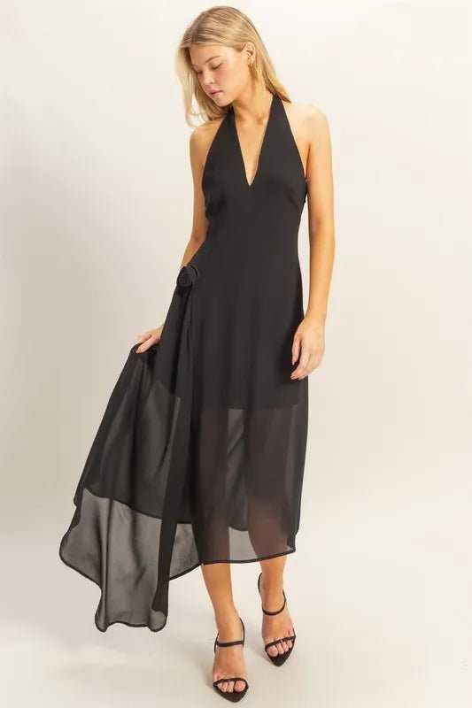 HYFVE Chiffon Halter Asymmetrical Hem Dress in Black - Nikki &amp; Co. Boutique