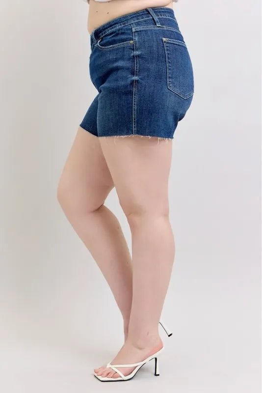 Judy Blue Full Size High Waist Criss - Cross Waistband Denim Shorts in Dark Wash - Nikki &amp; Co. Boutique