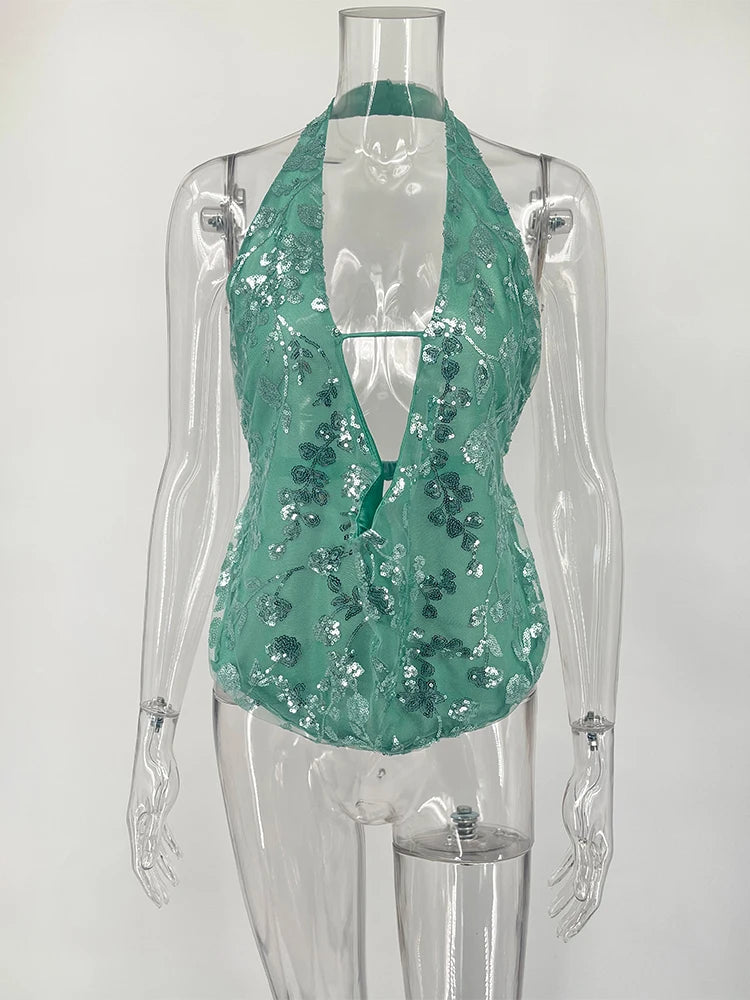 Trendix Sexy Deep V Neck Beach Tank Top Hot Girls Summer Sequins Patchwork Sleeveless Vest Women Vacation Sexy Backless Top