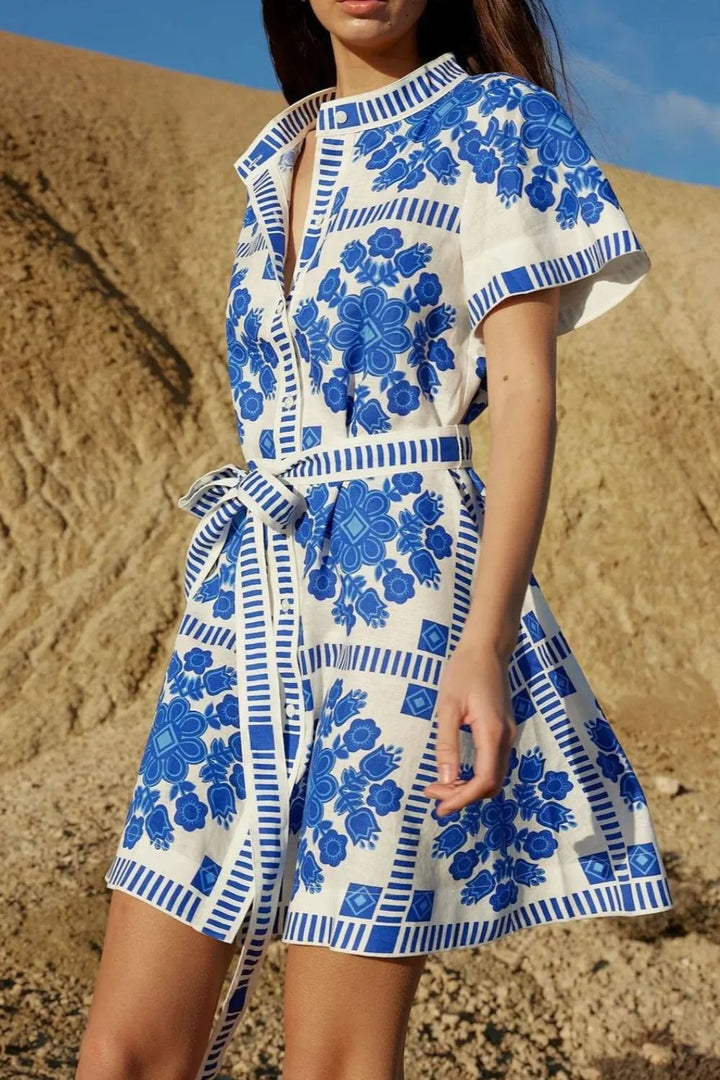 Printed Tie Waist Shorts Sleeve Dress | Nikki &amp; Co. Boutique
