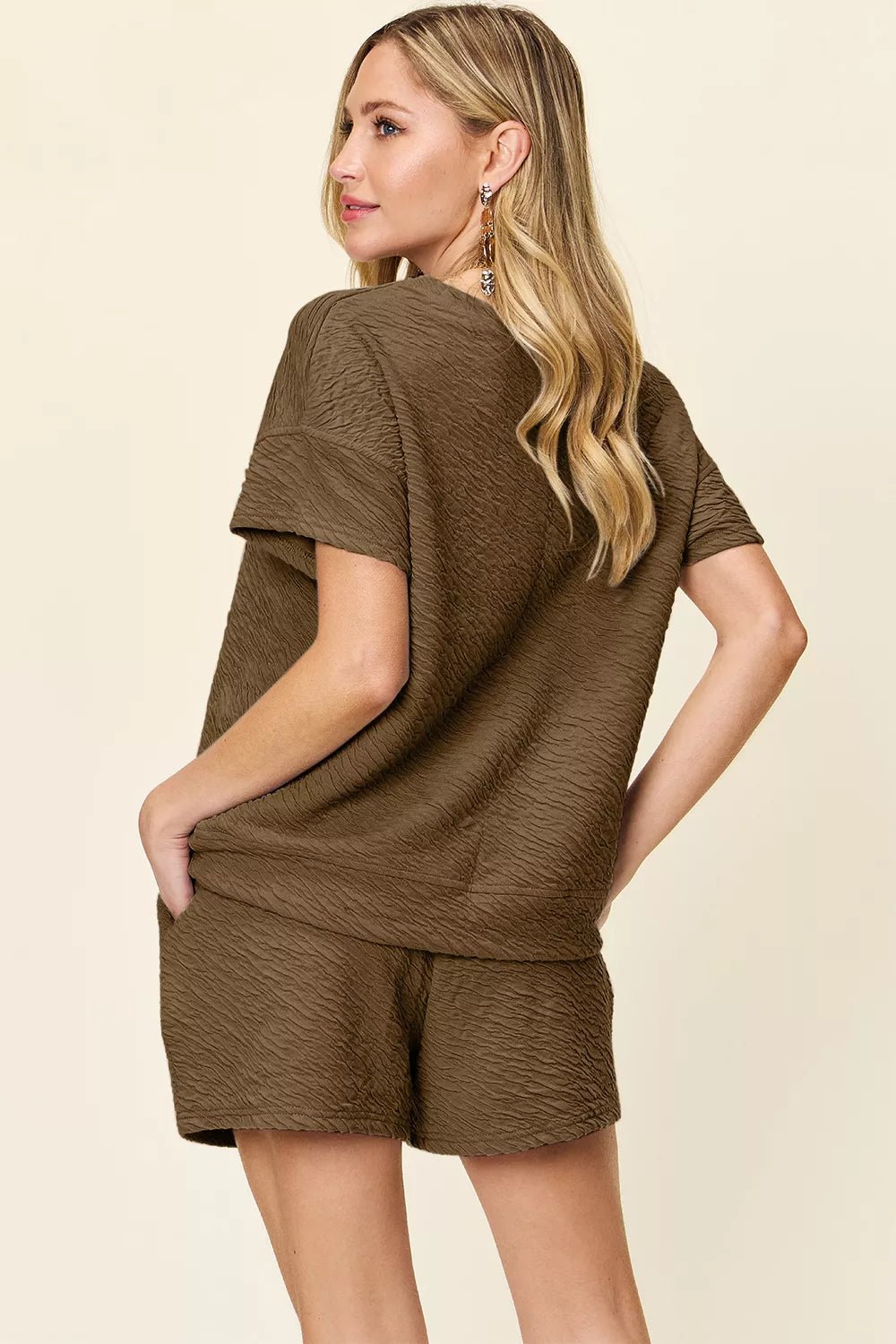 Double Take Full Size Texture Short Sleeve T-Shirt and Drawstring Shorts Set - Nikki &amp; Co. Boutique