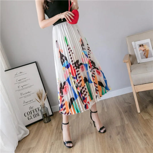 Cartoon Print Pleated Women Long Skirts High Waist A-Line Elastic Blue Pink Skirt For Ladies Summer Casual Female Bottoms Skirts