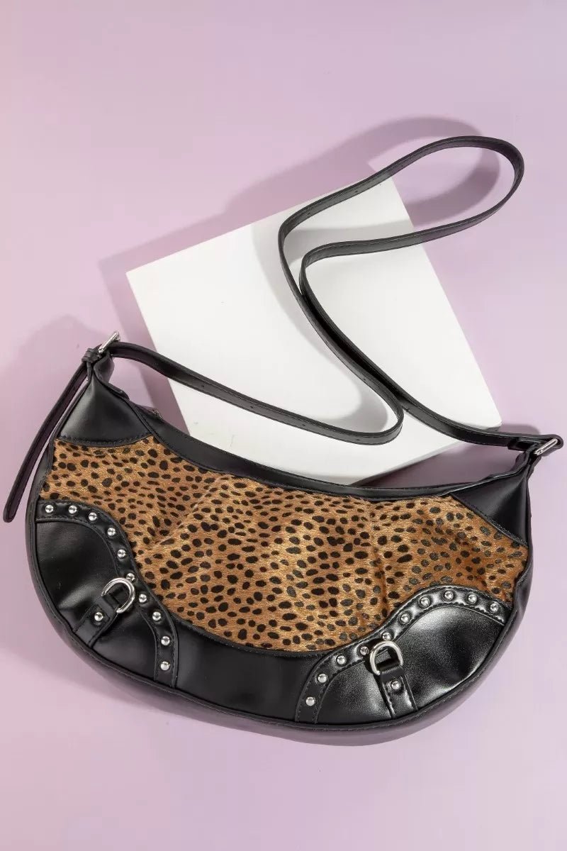 Fame Dark Spotted Leopard Print Half Moon Shoulder Bag - Nikki &amp; Co. Boutique