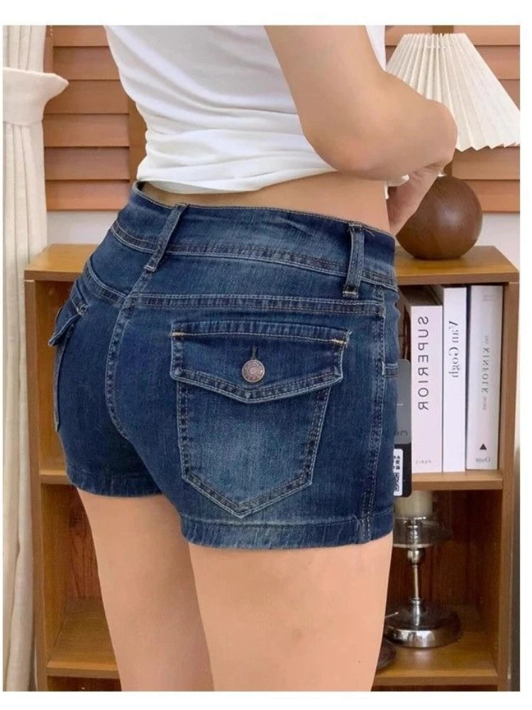 Retro Low Waist Deep Blue Denim Shorts Women Summer Sexy All Match Jean Shorts Pants  Girl Hot Vintage Streewear Bottoms