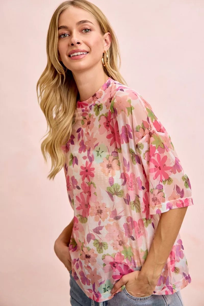 BiBi Floral Print Shorts Sleeves Boxy Mesh Tops | Nikki &amp; Co. Boutique