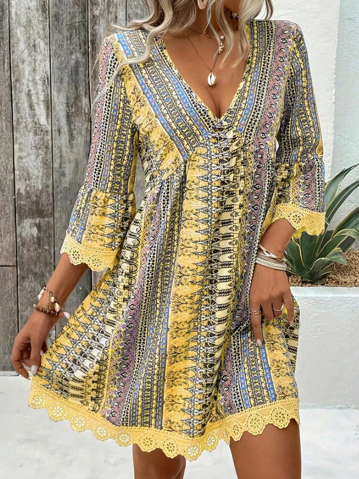 Printed V - Neck A - Line Dress - Nikki &amp; Co. Boutique