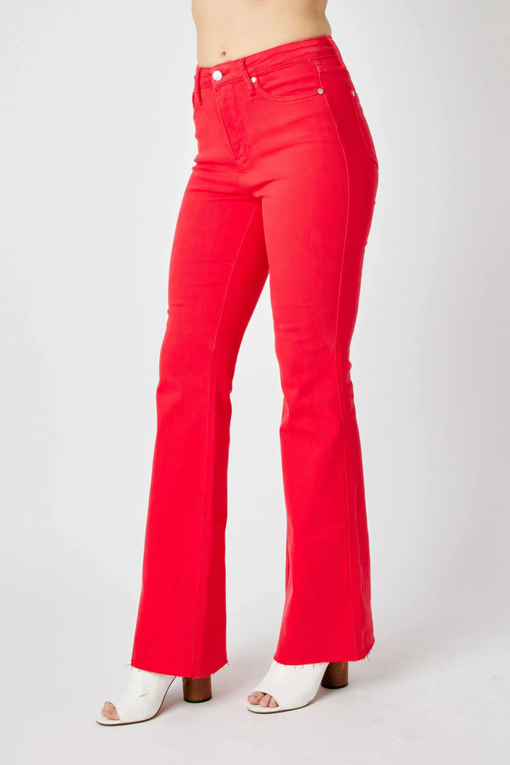Judy Blue High-Rise Tummy Control Garment-Dyed Flare Jeans | Red - Nikki &amp; Co. Boutique