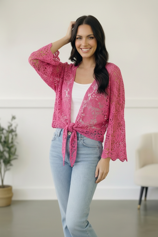 Beautiful You Fuchsia Crochet Front Tie Bell Sleeve Cardigan