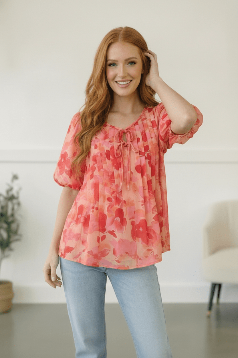 With a Rosy Glow Watercolor Pleated Top | Nikki &amp; Co. Boutique