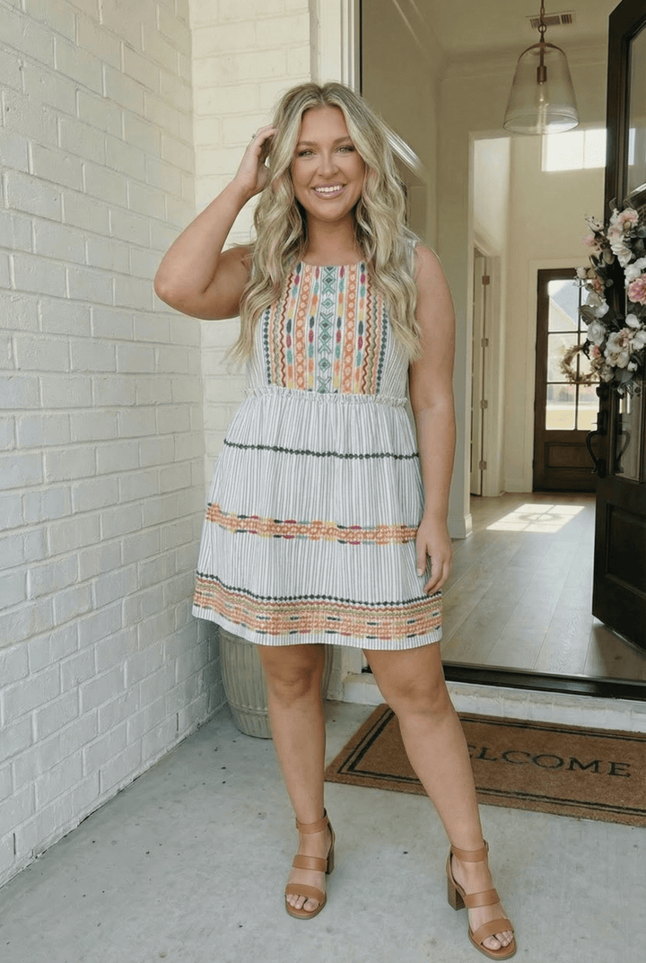 Embroidered Stripe Tiered Mini Dress - Nikki &amp; Co. Boutique