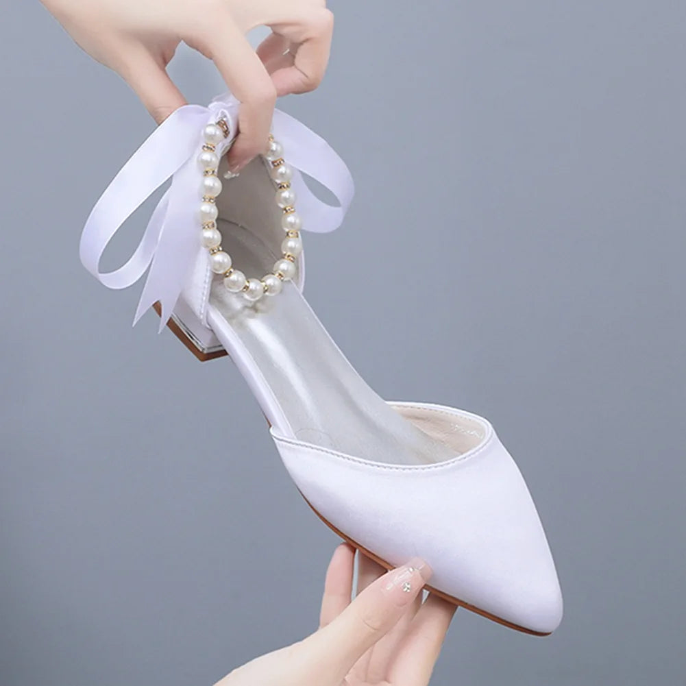 Wedding Shoes Bride Flat Heel Pointed Hollow Sandals Women White Satin Beaded Bride's Wedding Dress Shoes Sandalias