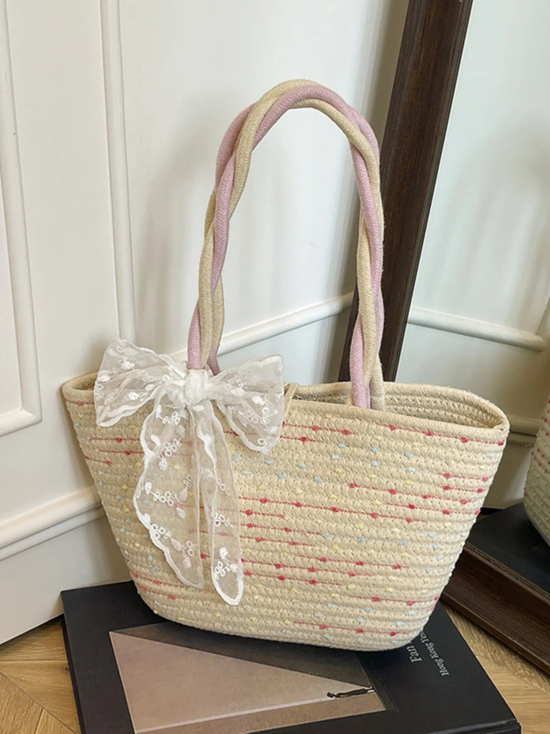 Woven Straw Shoulder Bag with Lace Bow Detail - Nikki &amp; Co. Boutique