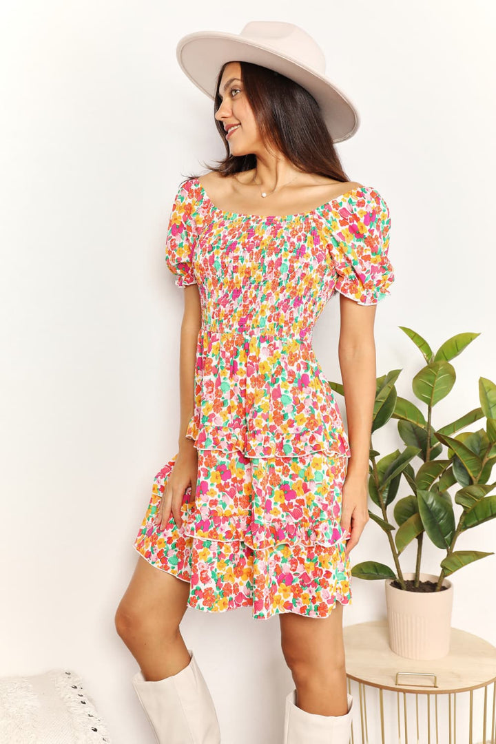 Devine Smocked Sweetheart Neck Flounce Sleeve Mini Dress in Strawberry - Nikki &amp; Co. Boutique
