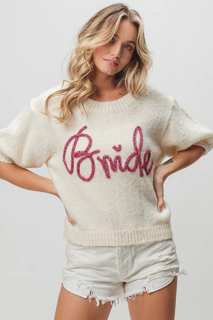 BiBi Metallic Letter Shorts Puff Sleeve Hairy Sweater | Nikki &amp; Co. Boutique