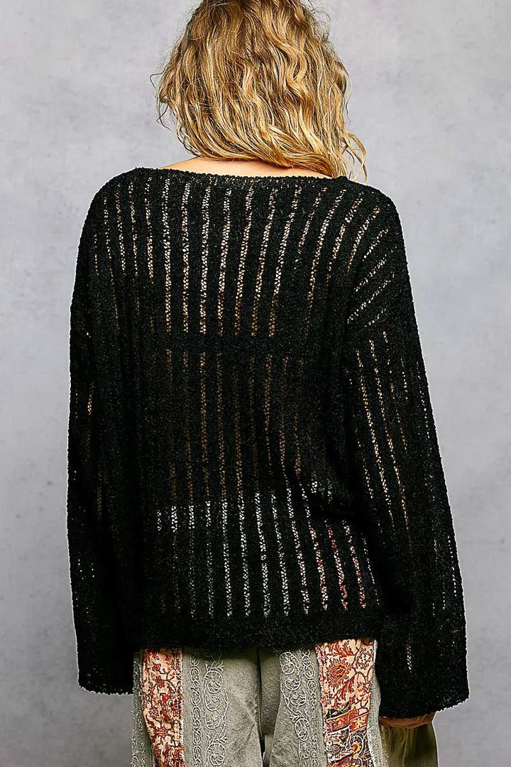 POL Round-Neck Long-Sleeve Open-Weave Sweater | Black - Nikki &amp; Co. Boutique