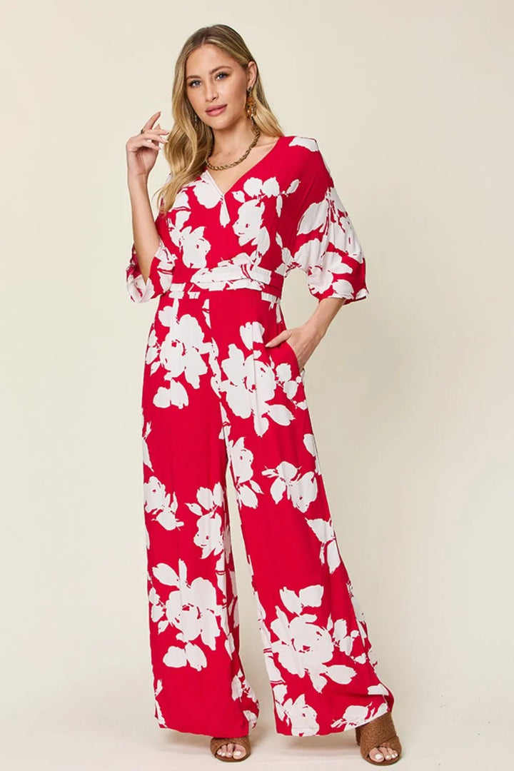 Double Take Full Size Printed Tie Back Wide Leg Jumpsuit | Nikki &amp; Co. Boutique