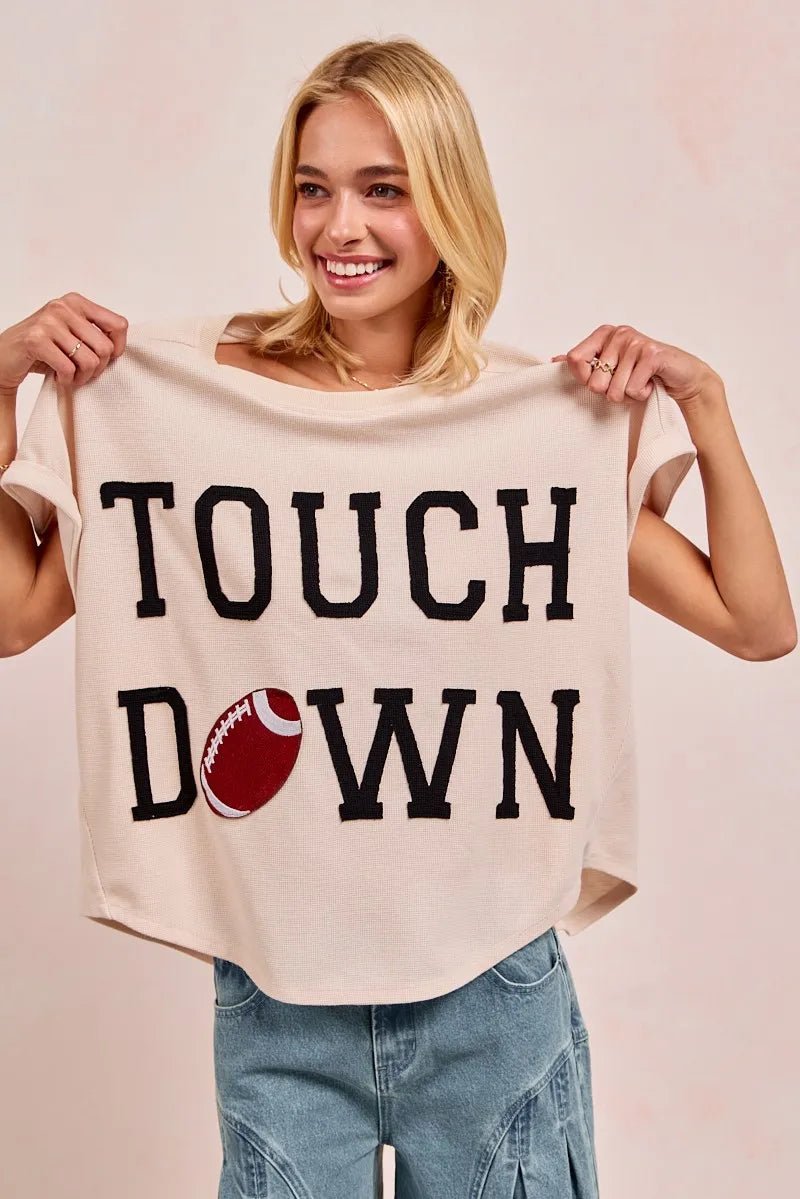 BiBi Touchdown Letter Patch Waffle Knit Top | Beige - Nikki &amp; Co. Boutique