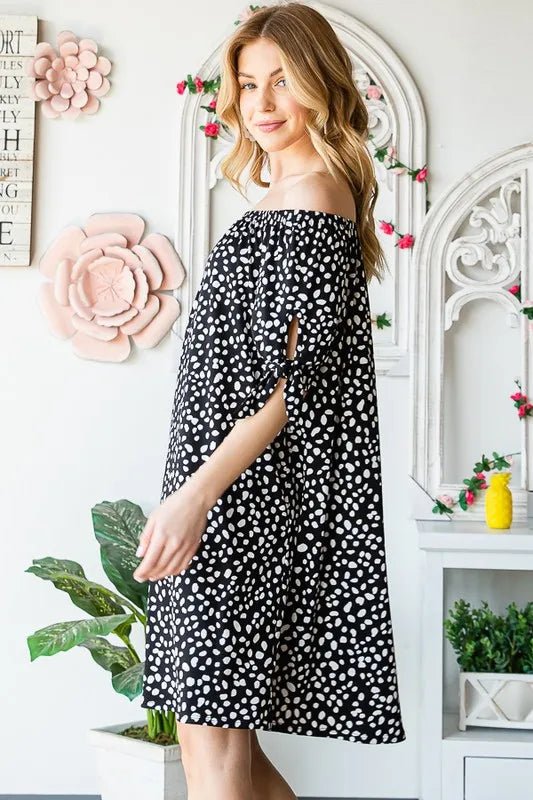 Heimish Full Size Short Sleeve Off Shoulder Animal Mini Dress Plus Size - Nikki &amp; Co. Boutique