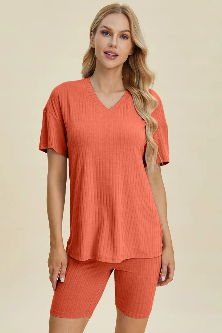 Basic Bae Full Size Ribbed V-Neck Shorts Sleeve Tops and Shorts Sets | Nikki &amp; Co. Boutique