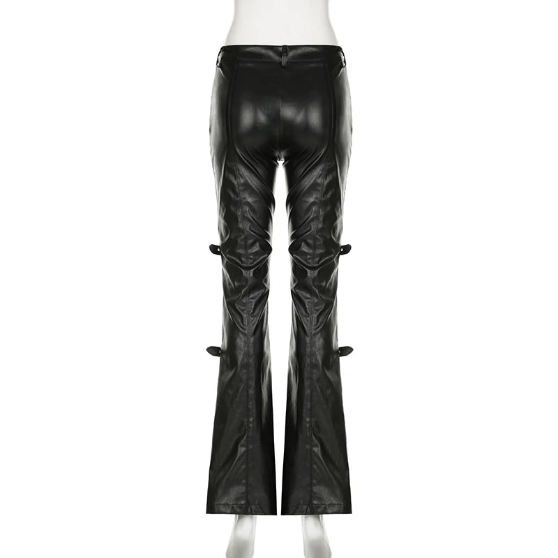 BIIKPIIK Sexy Lace Patchwork Leather Pants Gothic Belts Skinny PU Flare Pants Punk Dark Black Trousers Y2K Retro Autumn Bottoms