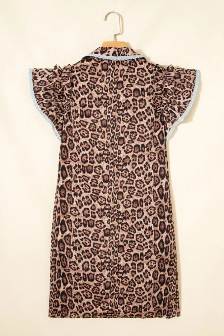 Leopard Print Lace Trim Shirt Collar Button - Down Mini Dress - Nikki &amp; Co. Boutique