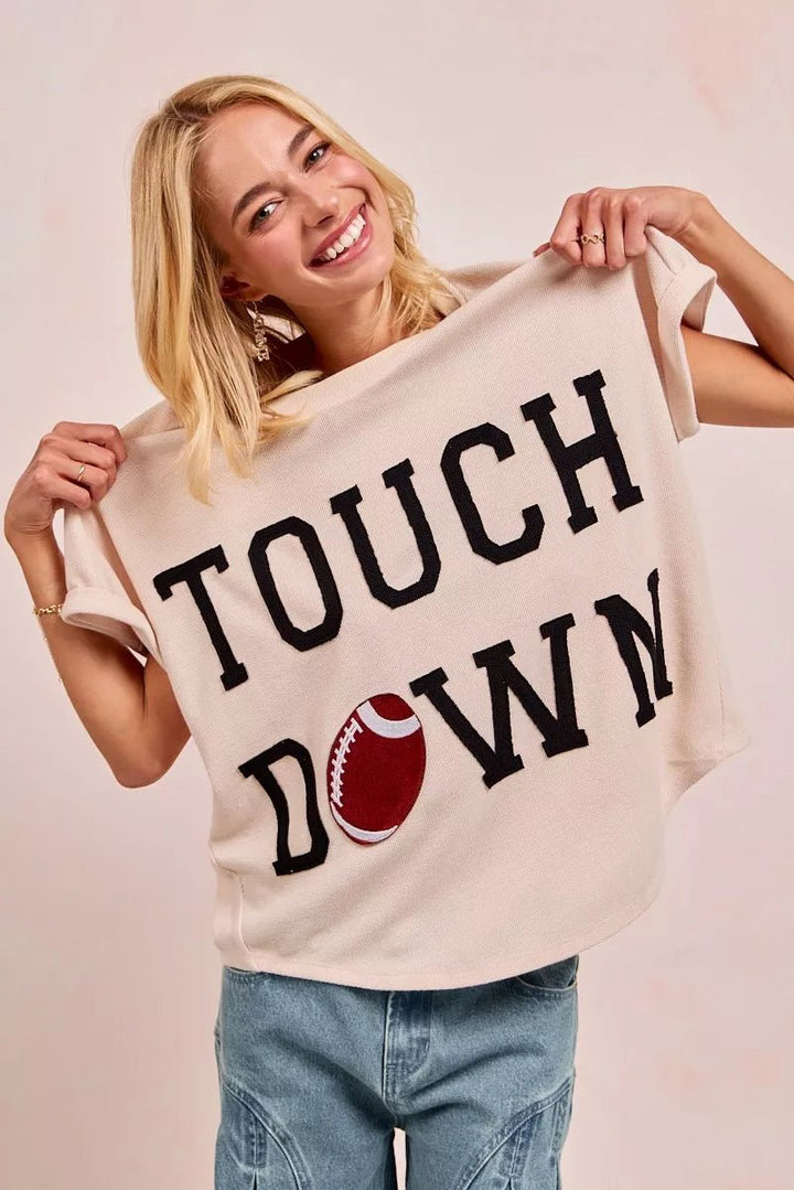 BiBi Touchdown Letter Patch Waffle Knit Top | Beige - Nikki &amp; Co. Boutique
