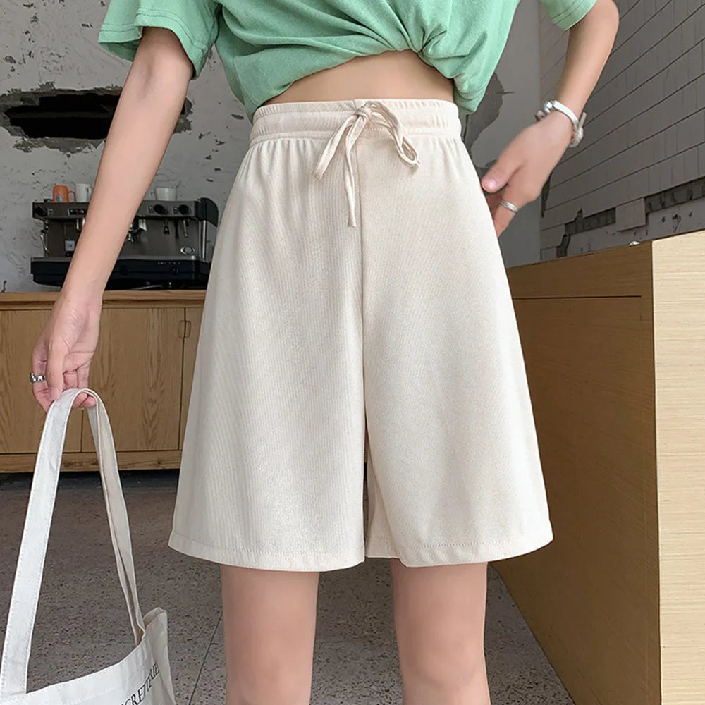 Summer Ice Silk Loose Women'S Shorts Elastic High Waist Casual Wide Leg Shorts Harajuku Casual Sports Straight Short Pants