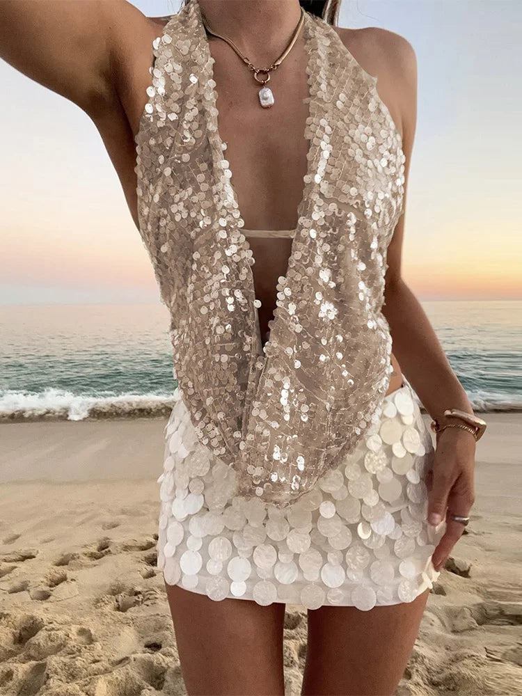 Trendix Sexy Deep V Neck Beach Tank Top Hot Girls Summer Sequins Patchwork Sleeveless Vest Women Vacation Sexy Backless Top