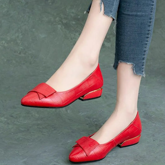 New Summer Women's Flat Shoes Soft Leather Work Shoes Pointed Thick Heel Casual Womens Shoe Handmade Footwear Buty Damskie