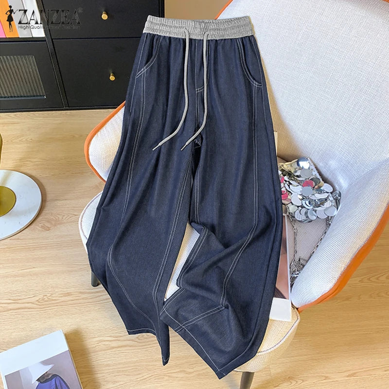 ZANZEA Women Denim Wide Leg Pants 2026 Casual Pockets Elastic Waist Long Pants Fashion Pleated Lace-up Trousers Loose Bottoms