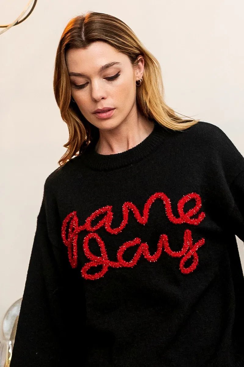BiBi Game Day Metallic Letter Sweater | Black &amp; Red - Nikki &amp; Co. Boutique