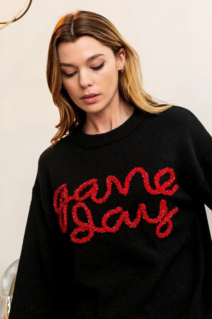 BiBi Game Day Metallic Letter Sweater | Black &amp; Red - Nikki &amp; Co. Boutique