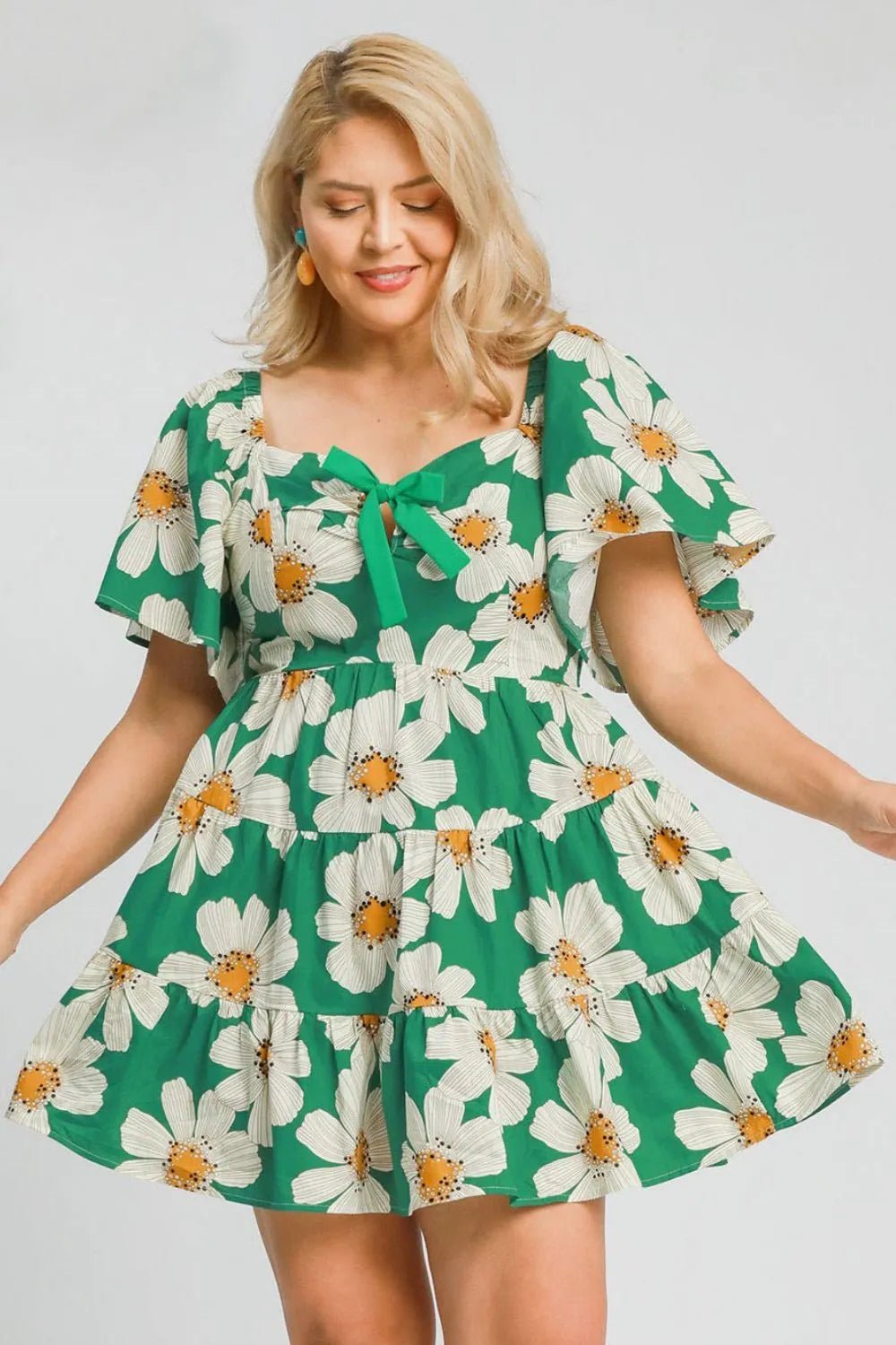 Umgee Full Size Daisy Print Mini Dress with Ribbon Details Plus Size - Nikki &amp; Co. Boutique