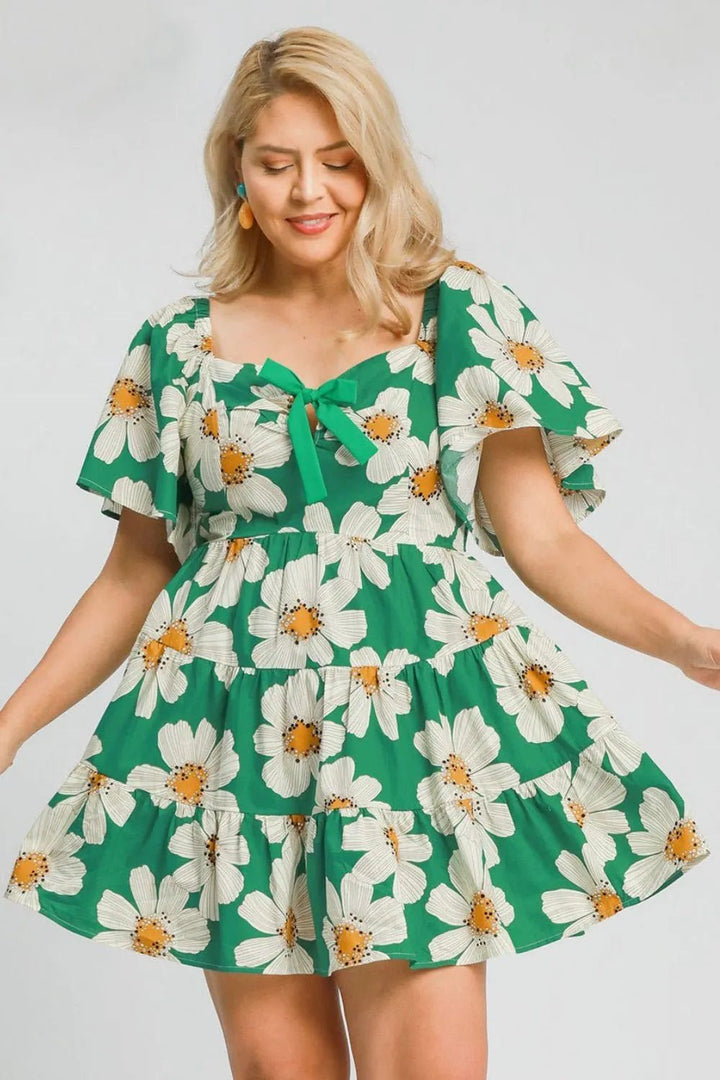Umgee Full Size Daisy Print Mini Dress with Ribbon Details Plus Size - Nikki &amp; Co. Boutique
