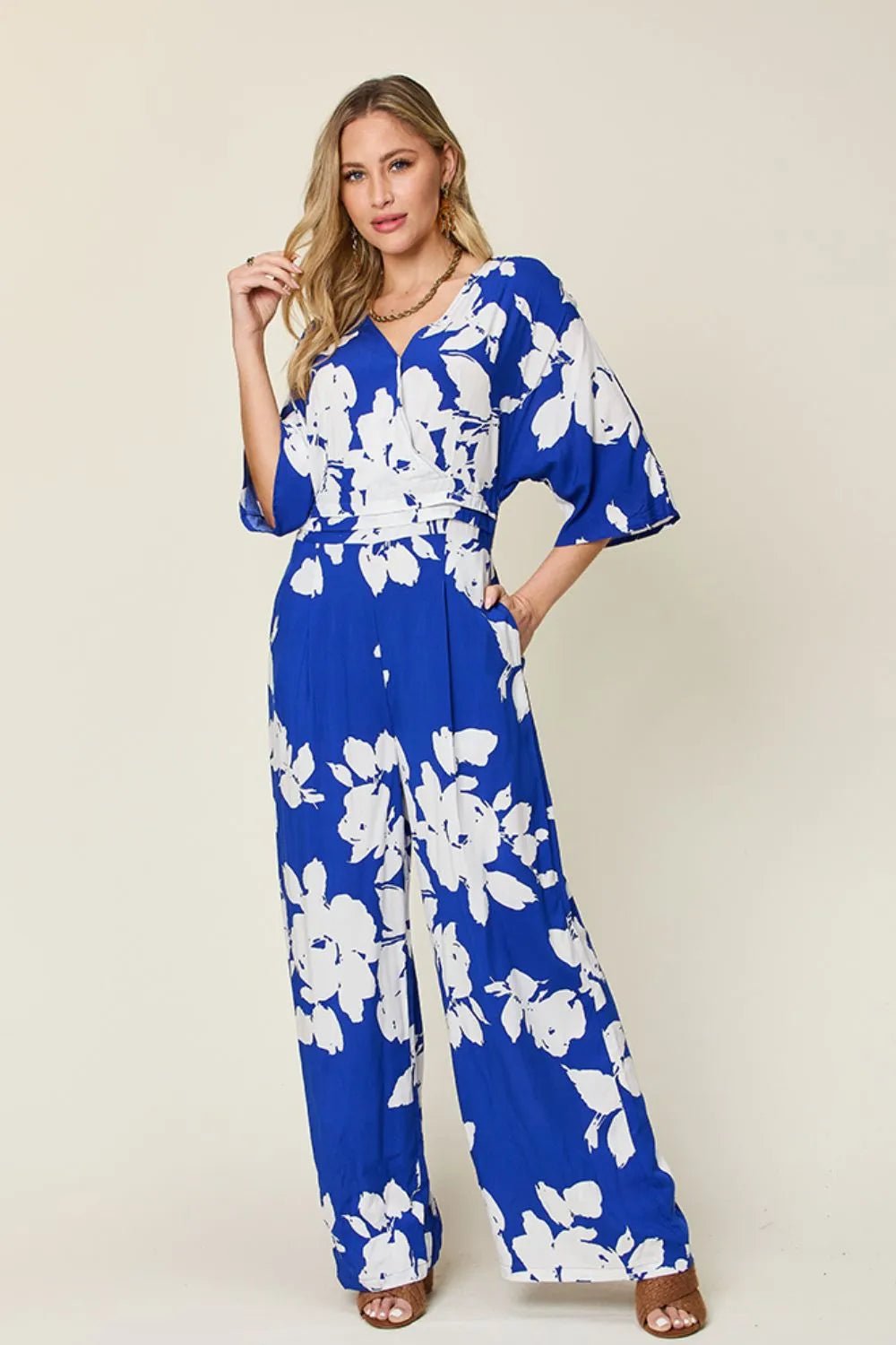 Double Take Full Size Printed Tie Back Wide Leg Jumpsuit | Nikki &amp; Co. Boutique
