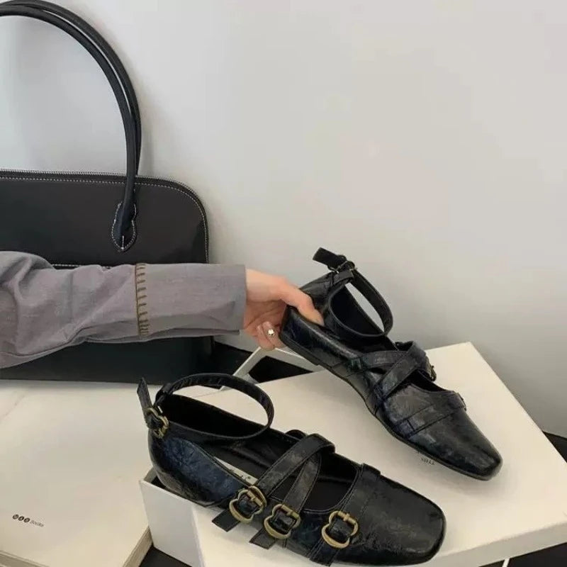 New Square Toe Heightened Inner Mary Jane Women's Shallow Mouth One Buckle Women's Shoes Versatile Flat Single Shoes