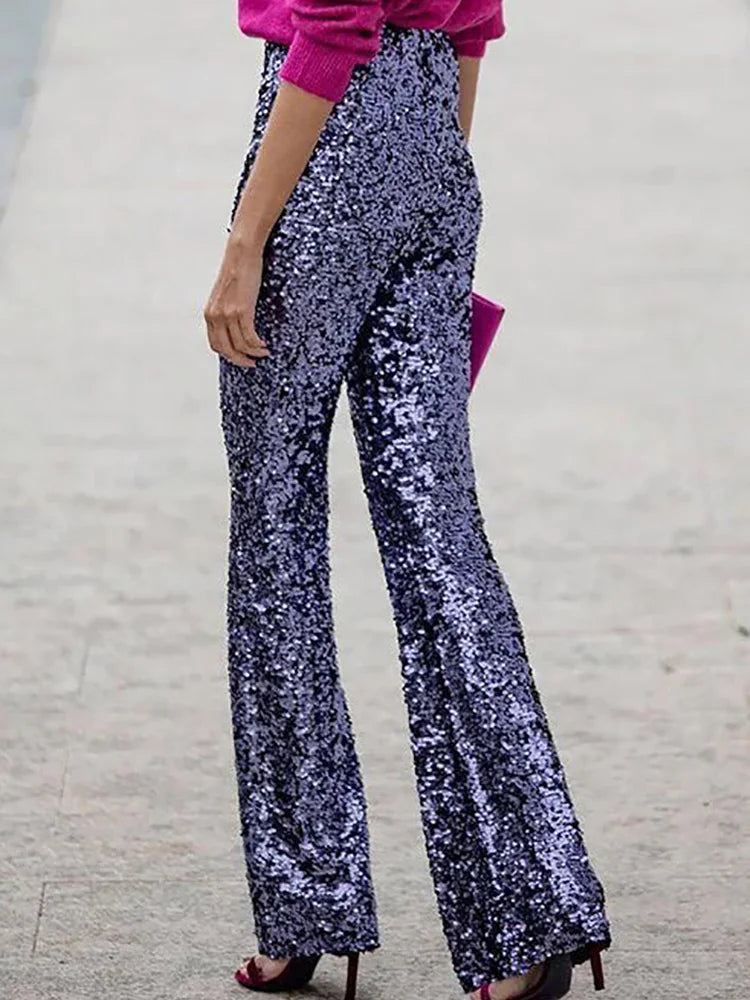 Party Night Clubwear Black Sequined Trousers Women Summer High Waist Slim Flare Pants Streetwear Casual Femme Glitter Long Pants