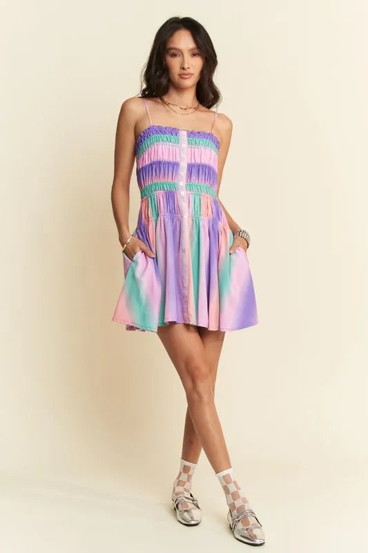 Davi &amp; Dani Multi Color Ombre Printed Bodice Button Up Dress in Purple Multi - Nikki &amp; Co. Boutique