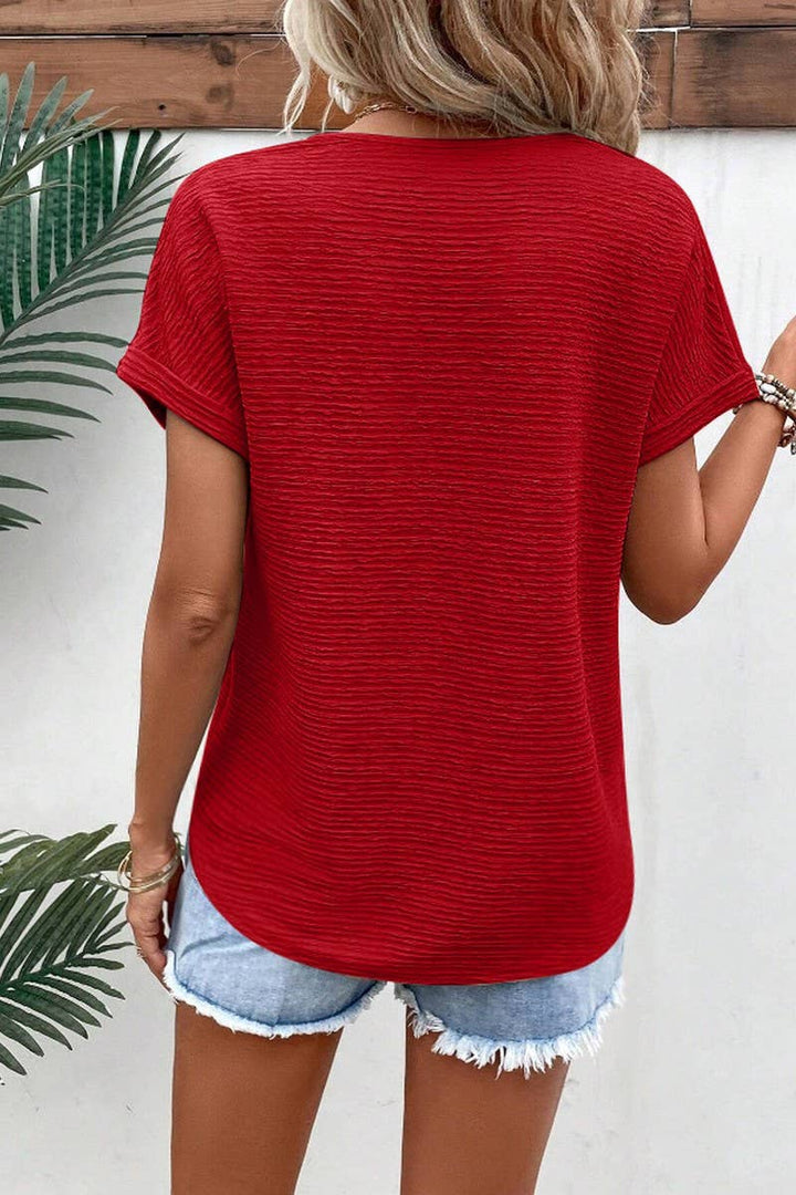 Solid V-Neck Loose Fit Tee — Red (NP)