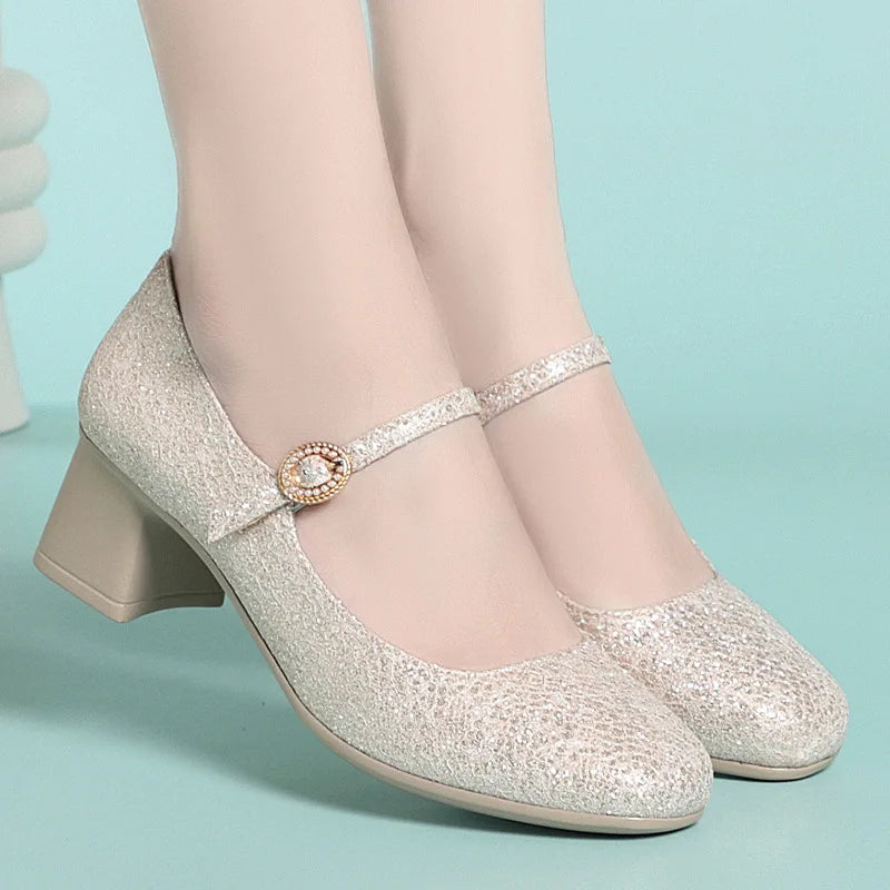 5cm Breathable Comfortable Shallow Glod Bling Wedding Shoes Women Pumps Trend Spring Med Block Heels Shoes for Office Model