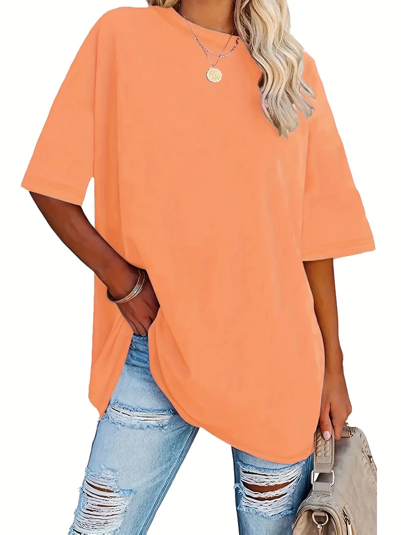 Women's Plus Size Crew Neck Solid T-Shirt Summer Female Basic Soft Tees Women Casual Round Neck Short Sleeved Tops