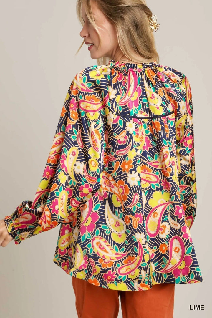 Umgee Full Size Satin Paisley Ruffle Neck Button-Up Shirt Plus Size - Nikki &amp; Co. Boutique