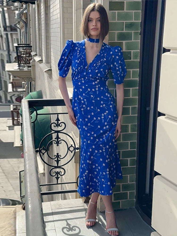 Print Deep V Shoulder Pad Long Dress Elegant Short Sleeve Waist Cinching Sheath Party Dresses