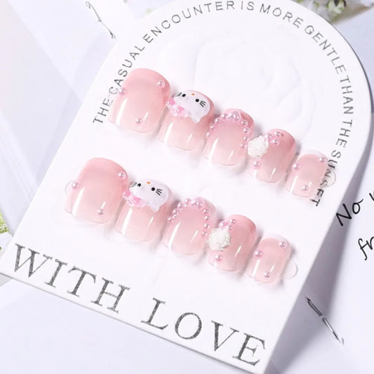 24 pcs Short, Square, Pink Kitty Cat Press on Fake Nails - Cute Cartoon Hello Kitty Nail Tips with Camellia Pearl Handmade Nail Patch
