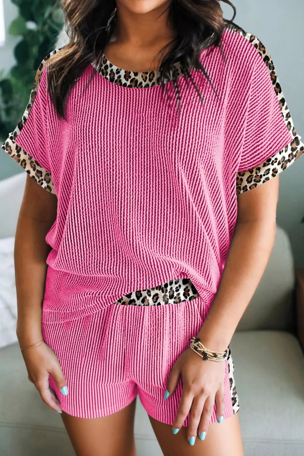 Leopard Trim Twist Ribbed Top and Shorts Set in Fuchsia Pink - Nikki &amp; Co. Boutique