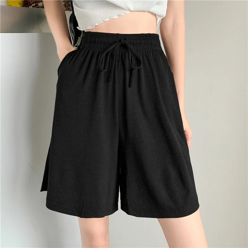 Summer Ice Silk Loose Women'S Shorts Elastic High Waist Casual Wide Leg Shorts Harajuku Casual Sports Straight Short Pants