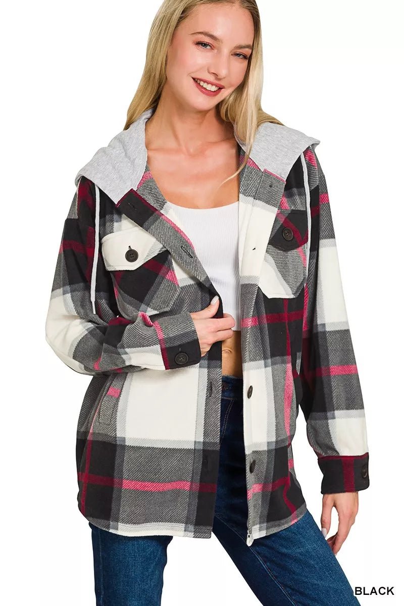 Zenana Plaid Drawstring Hooded Fleece Shacket - Nikki &amp; Co. Boutique